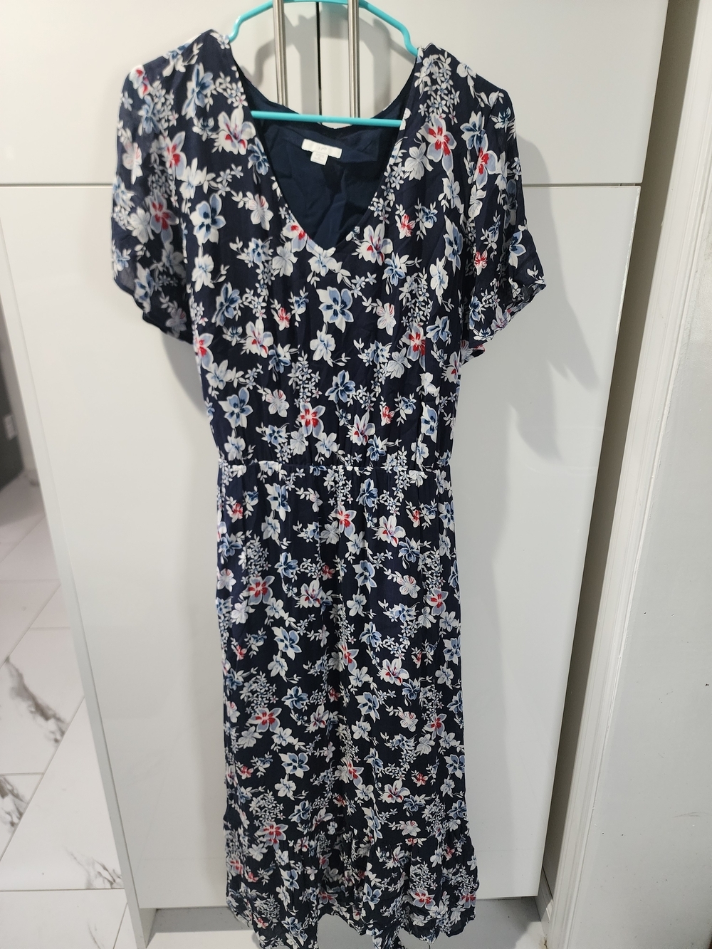 J. Jill Navy Floral V-Neck Maxi Dress with Pink & White Accents